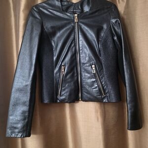 Via Spiga Black Leather Jacket with Gold Accents